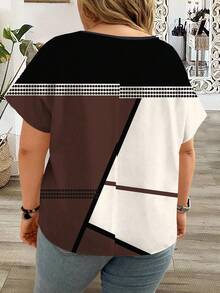 EMERY ROSE Plus Size Women's Asymmetrical Pattern Colorblock Patchwork Round Neck Short Sleeve Blouse, Summer Chic Blouses For Women - Brown - View 2