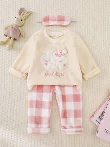 SHEIN Playful Pals 2pcs Baby Girls' Pink Plaid & Apricot Top Set, Cute Cloud Embroidery Pattern Flannel Comfortable Pajamas, Winter Fall