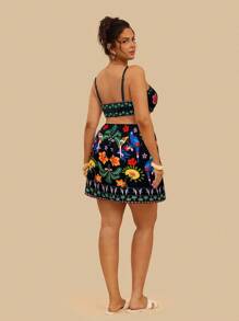 Travachic Plus Size Tropical Colorful Parrot Print Hollow Back Sleeveless Casual Summer Holiday Dress - Black - View 2