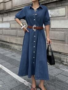 DAZY 女式夏季泡泡袖翻领收腰牛仔连衣裙 - 藍色 - 查看 3