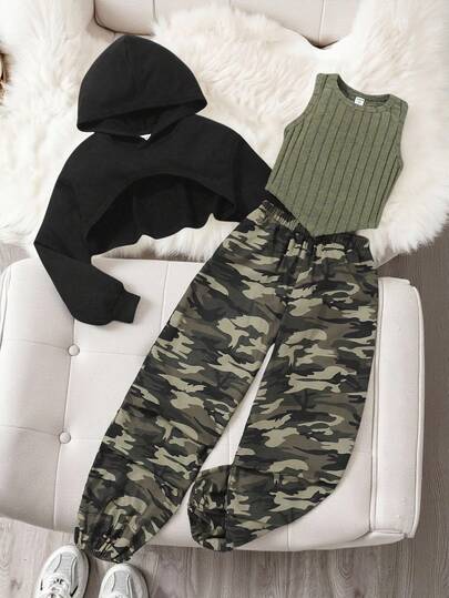 SHEIN 3pcs Set: Knit Solid Color Cropped Hoodie, Knit Solid Color Tank Top, Woven Loose Camouflage Casual Pants For Young Girls, Vintage Preppy, Back To School,Party,Summer
