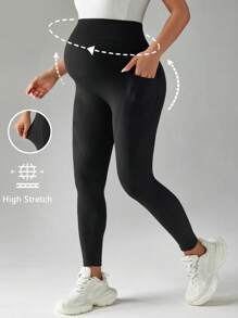SHEIN Maternity Solid High Waist Seamless Leggings - Black - View 1