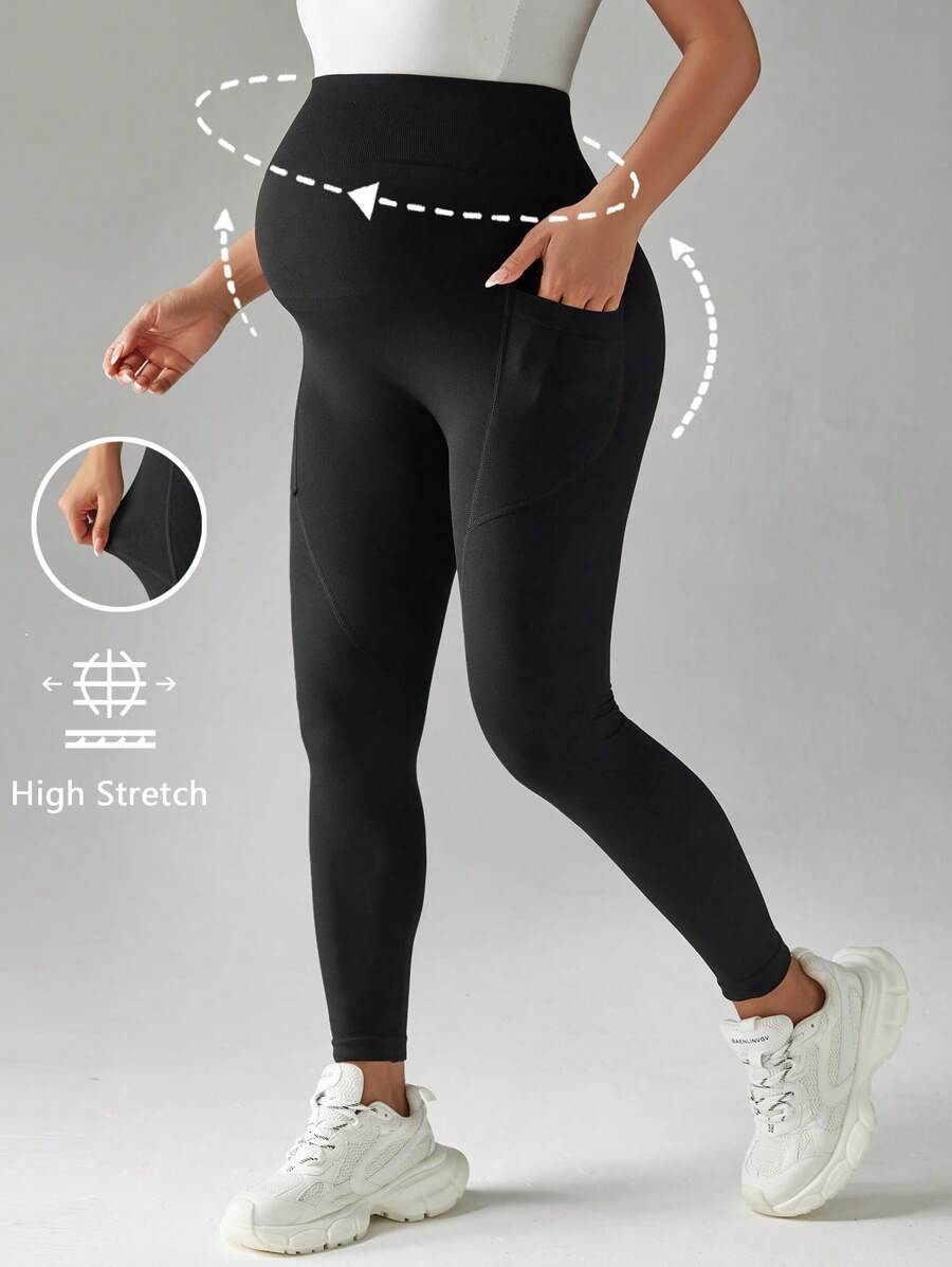 SHEIN Maternity Solid High Waist Seamless Leggings - Black - View 1
