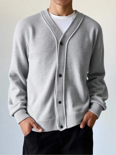 SHEIN 青少年男孩休闲纯色 V 领开衫毛衣，简单基本百搭，适合通勤、学校、日常休闲、度假、户外、大学派对、秋冬