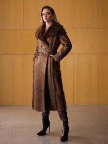 MOTF PREMIUM DOUBLE BREASTED BELTED FAUX FUR COAT - Mocha Brown - View 6