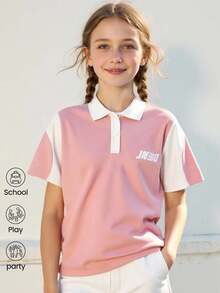 JNSQ Blusa suelta con cuello polo y bloques de color para niña preadolescente, de vuelta al colegio - Rosa - Ver 1