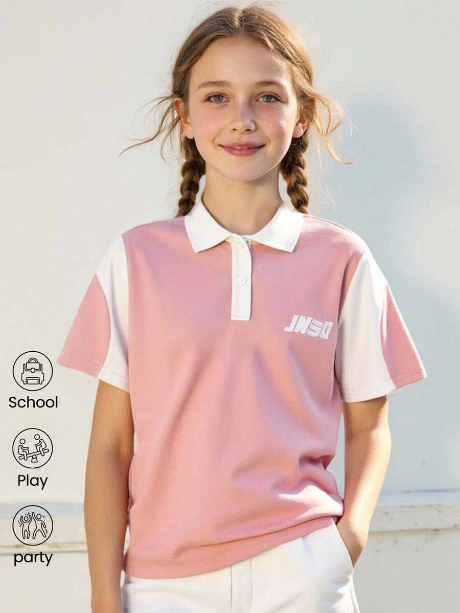 JNSQ Blusa suelta con cuello polo y bloques de color para niña preadolescente, de vuelta al colegio - Rosa - Ver 1