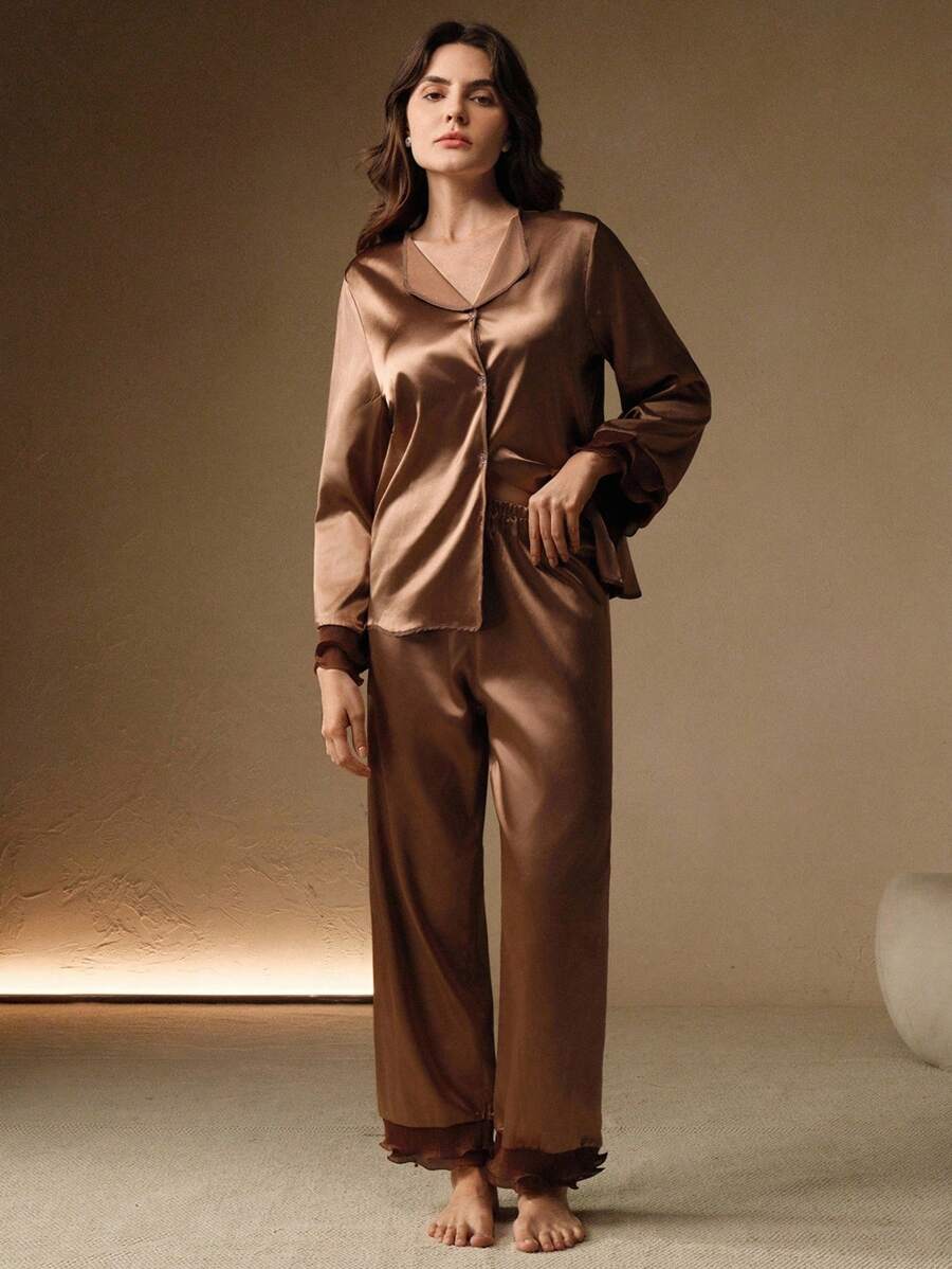 Anewsta 多层蕾丝缎面女士睡衣套装，适合节日、度假、冬季穿着 - 咖啡棕 - 查看 1