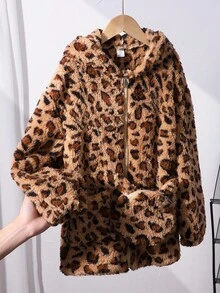 Chaqueta con capucha de piel sintética con estampado de leopardo y mini bolsillo para niña preadolescente, otoño/invierno - Caqui - Ver 8