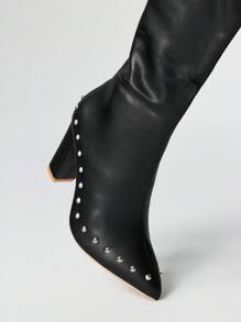 ROMWE Grunge Punk Botas de Salto Alto Femininas, Versáteis Elegantes de Bico Fino Moda PU Salto Grosso, Outono/Inverno - Preto - Visão 3