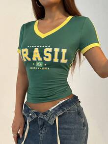 Flirla 女士休闲运动V领巴西撞色短袖T恤图案T恤女式上衣