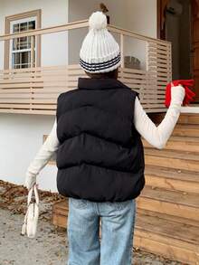 SHEIN Teenager Mädchen schwarze einfarbige lose warme Wattierte Weste, vielseitige Wattierte Jacke, Schulanfang Winter Wattierte Weste - Schwarz - Übersicht 2