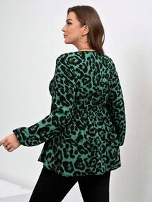 SHEIN Clasi Plus Size Leopard Print V-Neck Long Sleeve Fitted Shirt