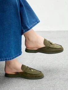 CUCCOO BIZCHIC 女士时尚绿色绒面舒适一脚蹬平底穆勒鞋，百搭平底乐福鞋，适合户外、工作、日常穿着 - 軍綠色 - 查看 2