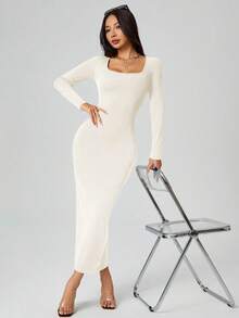 SHEIN PETITE 秋装纯色方领紧身黑色长袖连衣裙 - 白色 - 查看 4