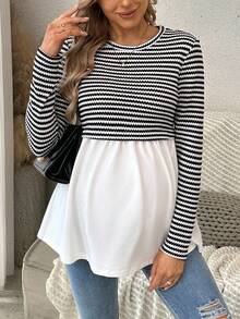 SHEIN Striped Contrast Color Casual Maternity Long Sleeve Round Neck T-Shirt - Black and White - View 3