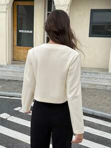 SHEIN Frenchy 休闲通勤犬牙纹短款外套，秋季，时尚，优雅，商务休闲，外出，教师，返校季冬季 - 杏色 - 查看 2