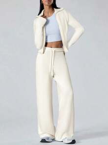 LYSMO Conjunto de 2 piezas de suéter informal de mujer con cardigan con cremallera en color albaricoque y pantalones de punto para otoño/invierno - Albaricoque - Ver 5