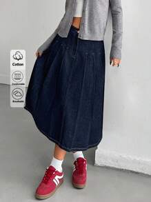 EURMUSE Solid Color Slant Pocket Fold Pleated Denim Midi Skirt Raw Wash - Dark Wash - View 1
