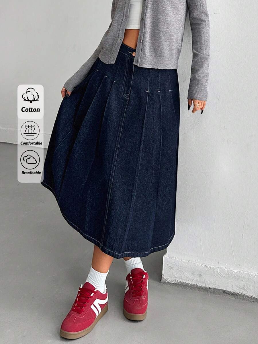 EURMUSE Solid Color Slant Pocket Fold Pleated Denim Midi Skirt Raw Wash - Dark Wash - View 1