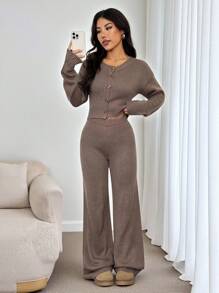 SHEIN PETITE 2件組女款羊毛寬鬆長袖休閒針織衫褲套裝，鈕扣開襟開衫，咖啡棕秋季居家服，秋季服飾，適合嬌小女性 - 棕色 - 查看 1