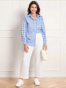 Miaspire 女士格子拼接落肩优雅衬衫 - 藍白色 - 查看 4