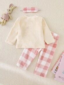 SHEIN Playful Pals 2pcs Baby Girls' Pink Plaid & Apricot Top Set, Cute Cloud Embroidery Pattern Flannel Comfortable Pajamas, Winter Fall
