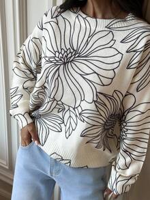 Firerie Suéter casual feminino com estampa floral e gola redonda para outono/inverno - Damasco - Ver 5