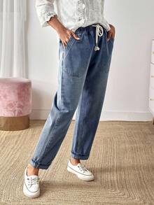 EMERY ROSE Mature Denim 女式休闲水洗抽绳腰牛仔裤 - 藍色 - 查看 4