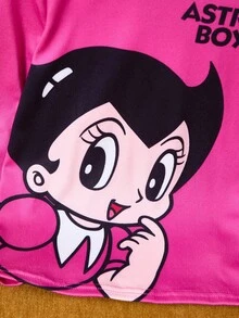 Astro Boy X SHEIN 2 peças/Conjunto Camiseta de Manga Longa com Gola Redonda e Estampa Fofa de Menina Cartoon & Letra e Legging Listrada, Pijama Casual e Confortável, Primavera/Outono