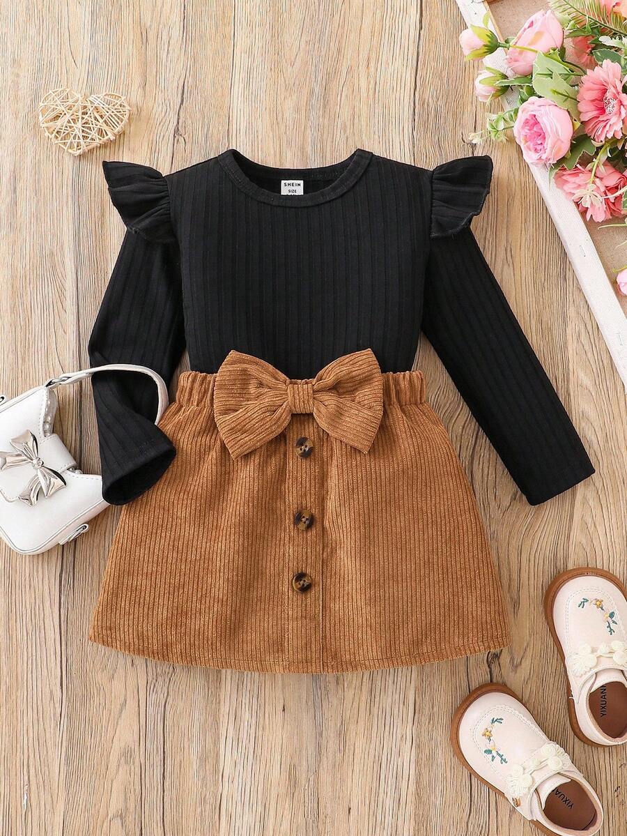 SHEIN Elladie kids Baby Girls Casual Versatile Long Sleeve Top And Skirt Set Fall Winter - Black - View 1