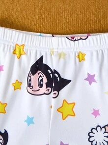 Astro Boy X SHEIN 2pcs Young Girl Star & Cartoon Figure Graphic Round Neck Short Sleeve Top And Leggings Knit Tight Pajama Set - White - View 5