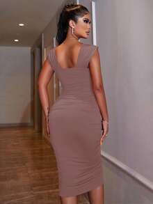 EURMUSE Women's Solid Color Sweetheart Neck Ruffle Sleeve Fitted Elegant Dress - Rusty Rose - View 2