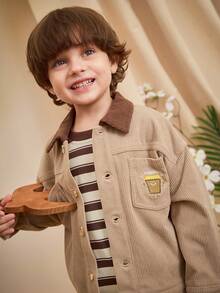 Loomiva 1pc Young Boys' Casual, Comfortable, Fashionable, Practical, Cute, Soft, Thick Corduroy Fabric Long Jacket, Suitable For Daily Wear, School, Outings, Sports, Autumn/Winter