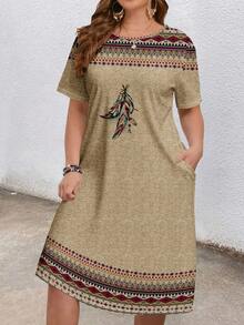 EMERY ROSE Plus Size Feather Print Vacation Dress, Suitable For Summer,Beach Dress Sundress,Holiday Outfits Boho Suitable For Going Out Chic Dress,Spring - Apricot - View 5