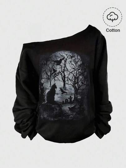 Goth Sudadera holgada de manga corta con cuello asimétrico y estampado de cuervo negro gótico para mujer, mezcla de algodón, para Halloween