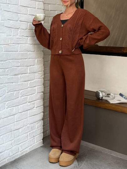 EURMUSE Set casual di cardigan tinta unita e pantaloni in maglia