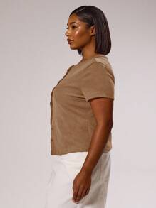 MUSERA 大码纽扣修身长袖上衣，春季优雅高贵度假可爱浪漫90年代Y2K节日风，春夏复活节 - 卡其色 - 查看 4