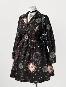 Sweetra 大码女式深色垃圾摇滚太阳脸印花翻领长袖休闲连衣裙 - 彩色 - 查看 6