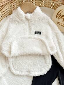 Baby Girl Fluffy White Sweatshirt And Pants Set, Versatile For Autumn/Winter Fall