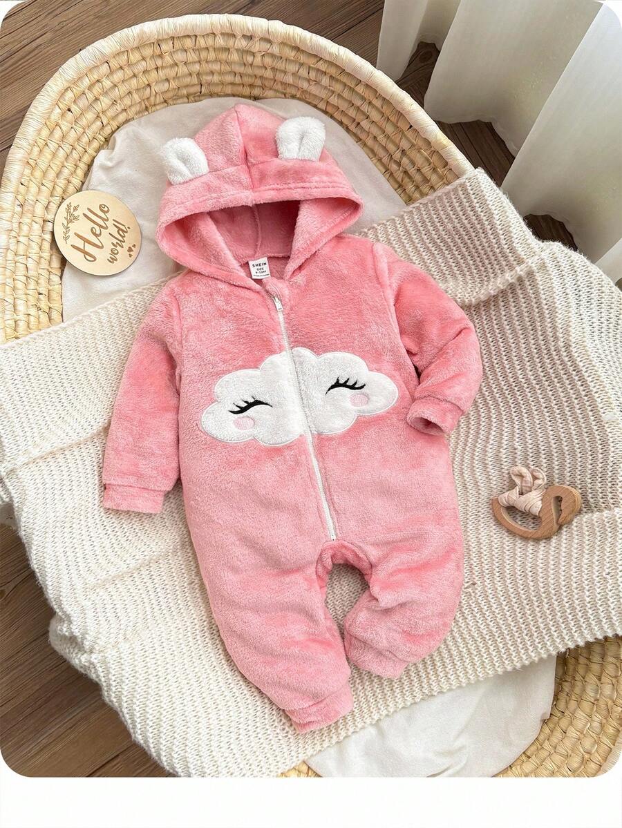 新生女宝宝可爱粉色毛绒卡通图案连帽连体衣，秋冬季 - 粉色 - 查看 1