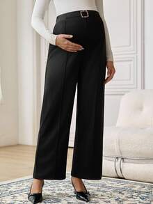 SHEIN Maternity Solid Color Waist Buckle Design Wide Leg Loose Elegant Office Pants - Black - View 7