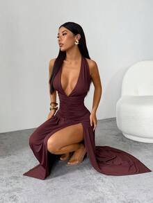 SHEIN PETITE 优雅浪漫性感派对深V领露背开叉A字长裙 - 棕色 - 查看 4