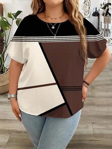 EMERY ROSE Plus Size Women's Asymmetrical Pattern Colorblock Patchwork Round Neck Short Sleeve Blouse, Summer Chic Blouses For Women - Brown - View 3