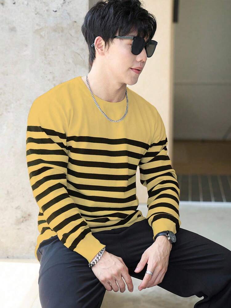 Claim Dot Men's Striped Crew Neck Long Sleeve Casual Pullover Sweater, Autumn/Winter - Yellow - View 3