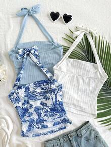 SHEIN 3件套青少年女孩休闲针织无袖挂脖背心 - 淺藍色 - 查看 2