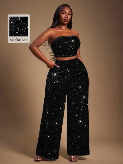 Radiana 2pcs Women Plus Size Fashion Basic Velvet And Sequined Stretch Fabric Tube Top And Straight Wide Leg Pants MinimalismSet,Suitable For Banquet,Feast,Dinner Party,Prom,Ball,Urban,Sexy Office Siren,Cruise Attire,Vintage,Festival,Concert,Carnival,Outing,Richly Layered,Holiday,Date Night,Gathering,Birthday,Bachelorette Party Outfit ,Cocktail,Formal Event,Modest,Chic,NightClub,Cute,Casul,Going Out, ,Accent Your Body,Flatter The Figure,Flattering Silhouette