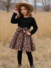 Emery Rose Kids Emery Rose Kids Vestido casual de niña con cuello redondo de punto, estampado de leopardo por parches. Vestido de manga larga con estampado de leopardo jacquard, adecuado para otoño/invierno