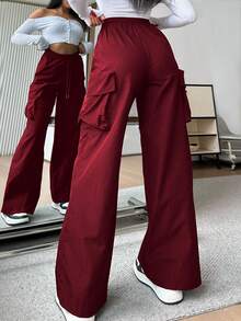 SHEIN EZwear 女士休闲纯色高腰阔腿裤 - 酒紅色 - 查看 4