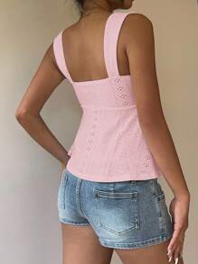 MainGRL Women's Pink Hollow Embroidery Drawstring Detail Casual Tank Top, Summer - Pink - View 2